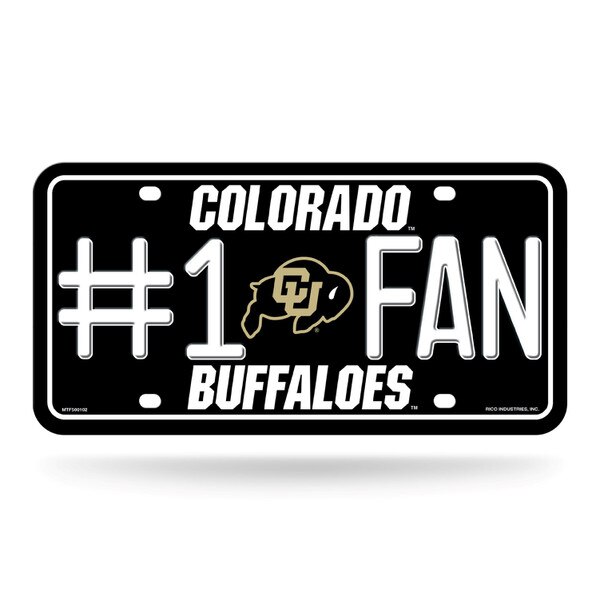 This is a black license tag. All text on the tag is white. The C.U. Buffalo logo is Black and Gold. The contrast framing is white.